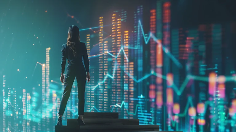 a business woman standing in front of digital data charts
