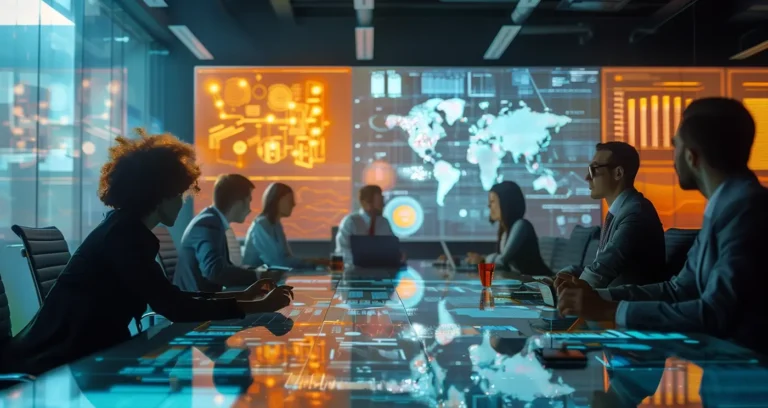 People sitting in a futuristic environment around a table, there are screens with data in the background.