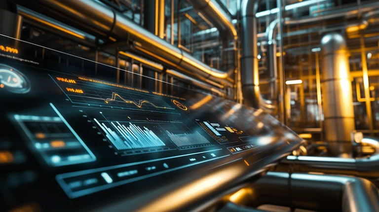 a screen with a dashboard and data, steel pipelines in the background