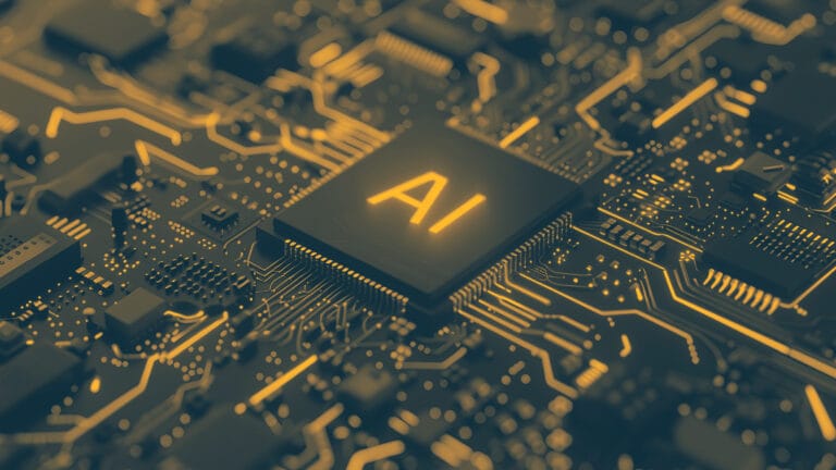 AI circuit board with glowing AI chip symbolizing technology and innovation in artificial intelligence.
