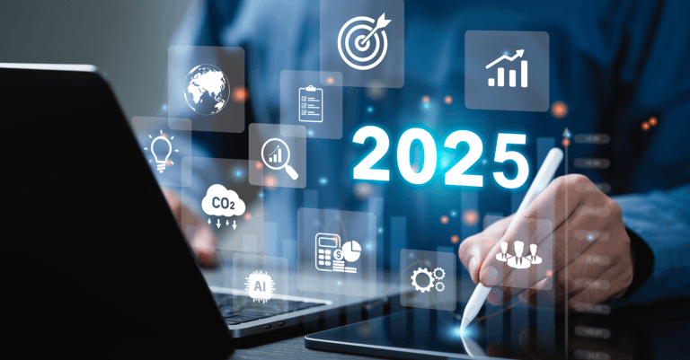 Futuristic representation of AI trends for 2025 with icons symbolizing innovation, sustainability, analytics, and business growth, featuring the year '2025' prominently highlighted.