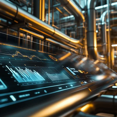 a screen with a dashboard and data, steel pipelines in the background