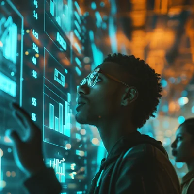 A group of people looking at a digital display with data charts